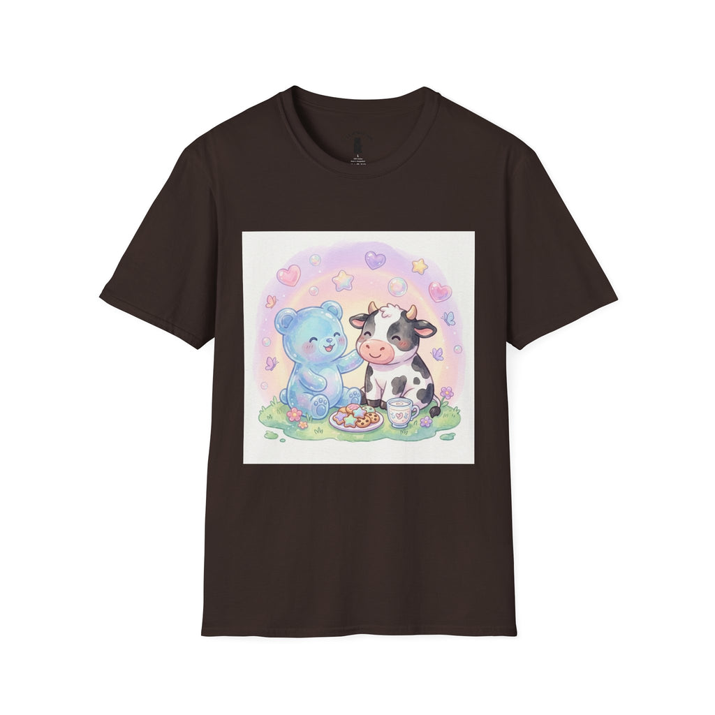 Blue Gooey Gummy Friend sharing Milk & Cookies — Pastel Graphic T-Shirt