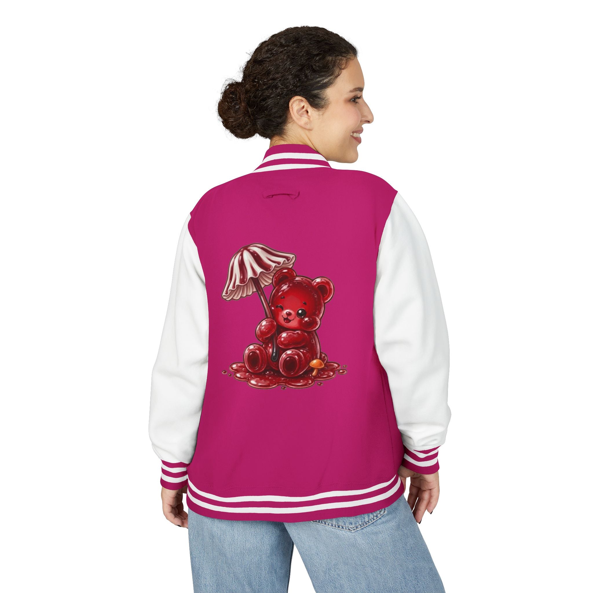 Red Stripped Mushroom Umbrella, Oozy Bear Gummy- Letterman Graphic Jacket
