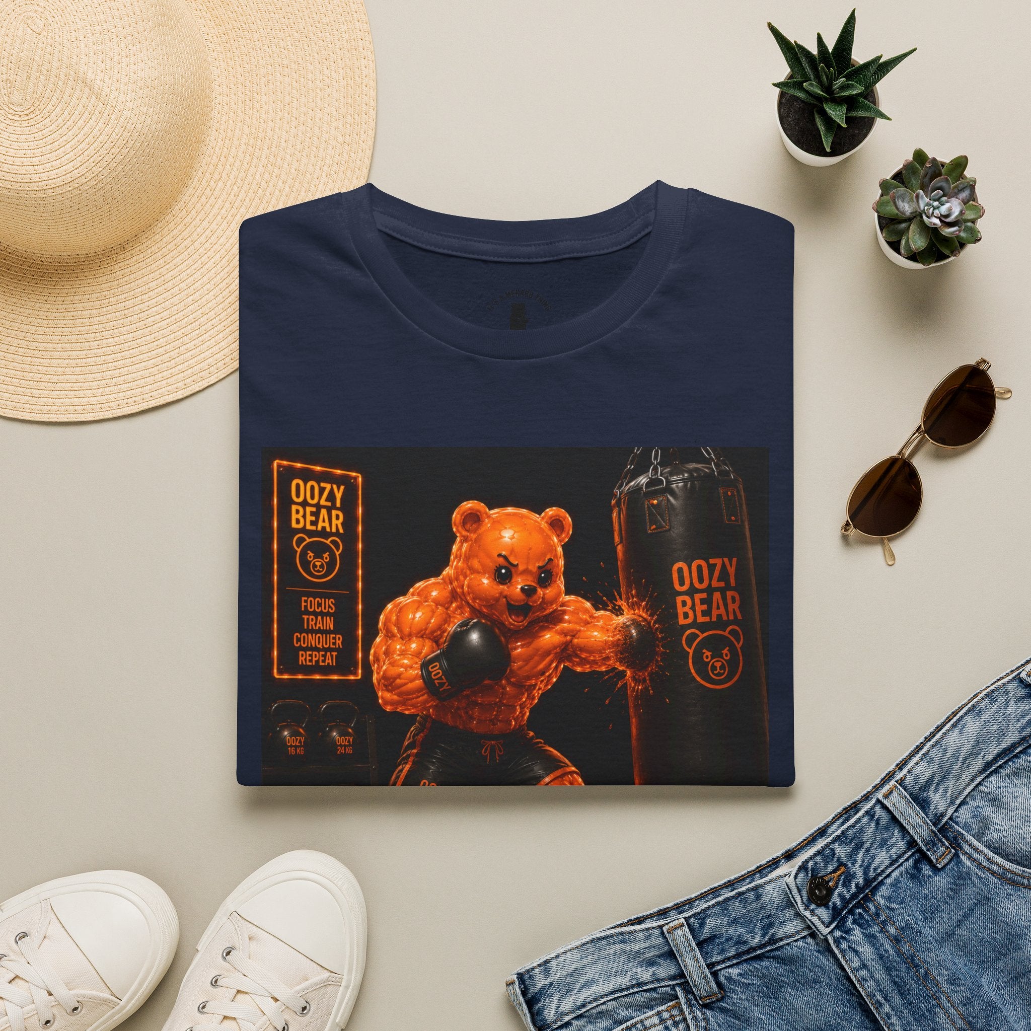 Retro Fighting Ring Workout, Orange Oozy Buff Bear Gummy Gym Addition- Adult Graphic Shirt