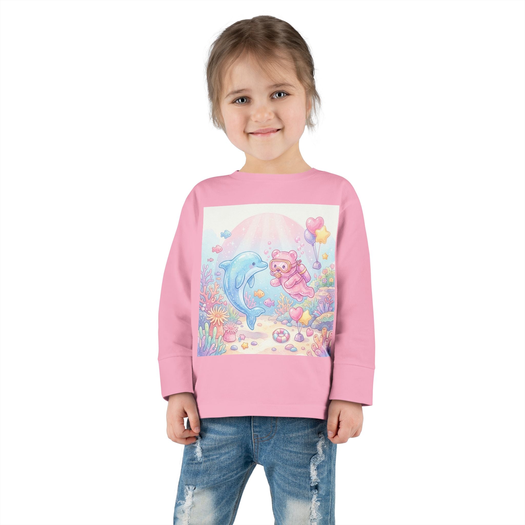 Cute Dolphin & Scuba Oozy Bear Pastel Underwater Friends- Graphic Long Sleeve Shirt