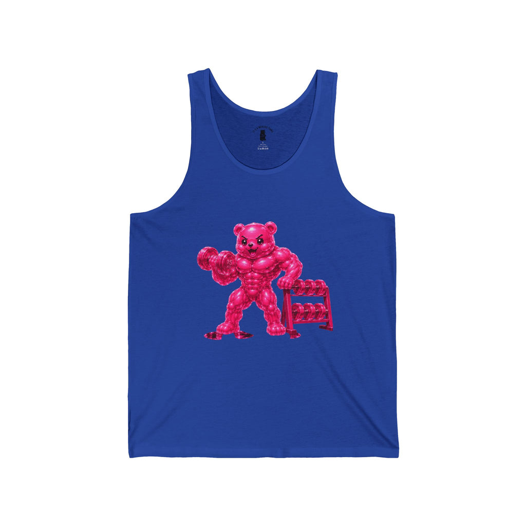 Fitness Work Out, Neon Pink Oozy Buff Bear Gummy Gym Addition- Adult Graphic Tank Top