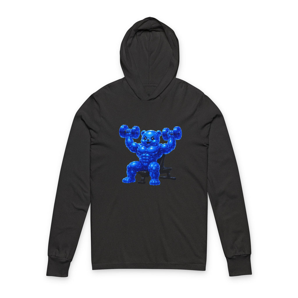 Lifting Weights, Deep Blue Oozy Buff Bear Gummy Gym Addition- Adult Graphic Sweatshirt