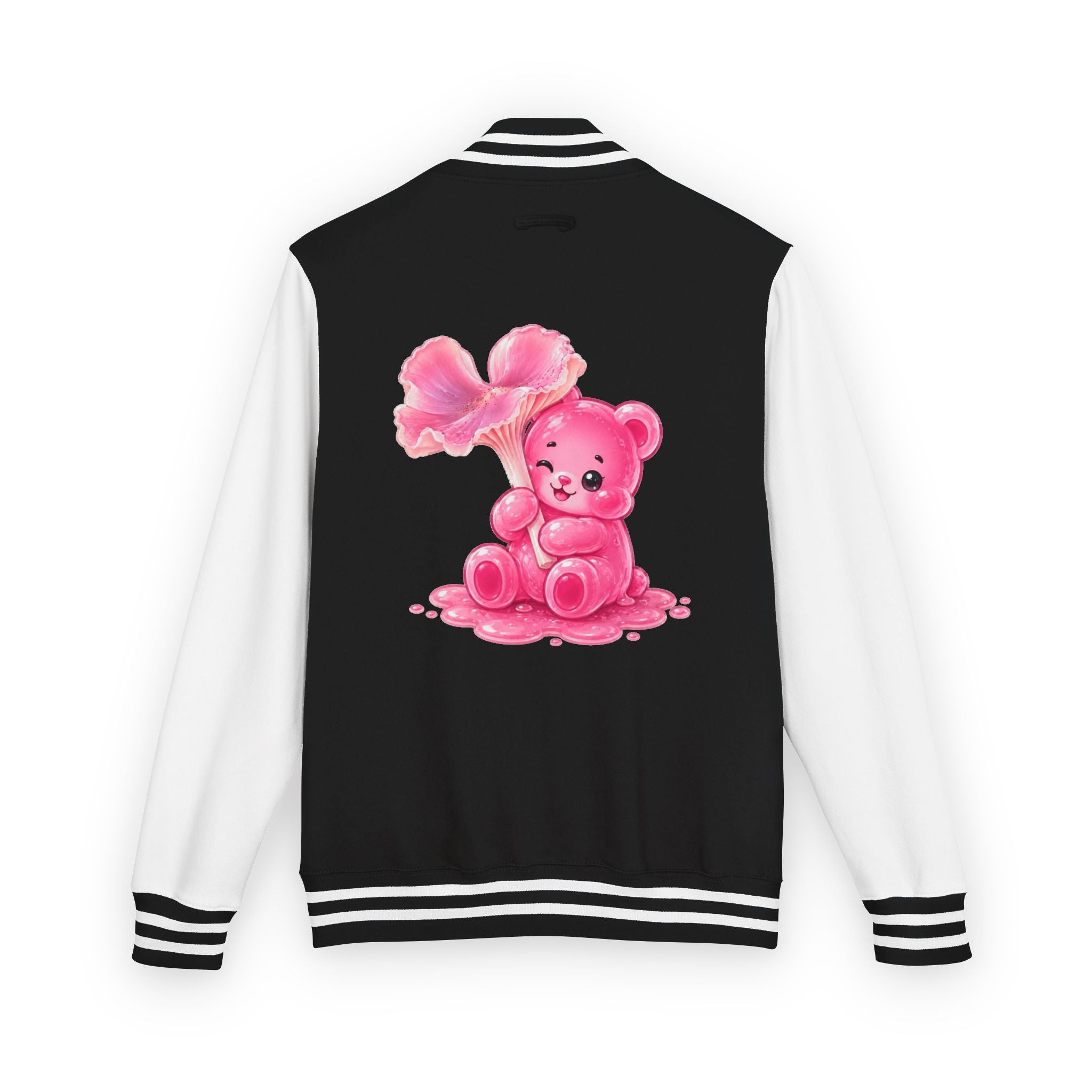 Pink Wax Cap Mushroom, Gooey Gummy Bear Friend — Kawaii Graphic Varsity Jacket