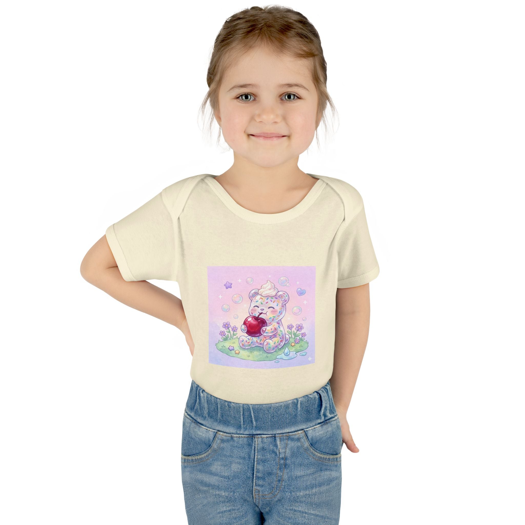 Gooey Gummy Birthday Sprinkles Cake bear eating a Cherry- Infant Onesie