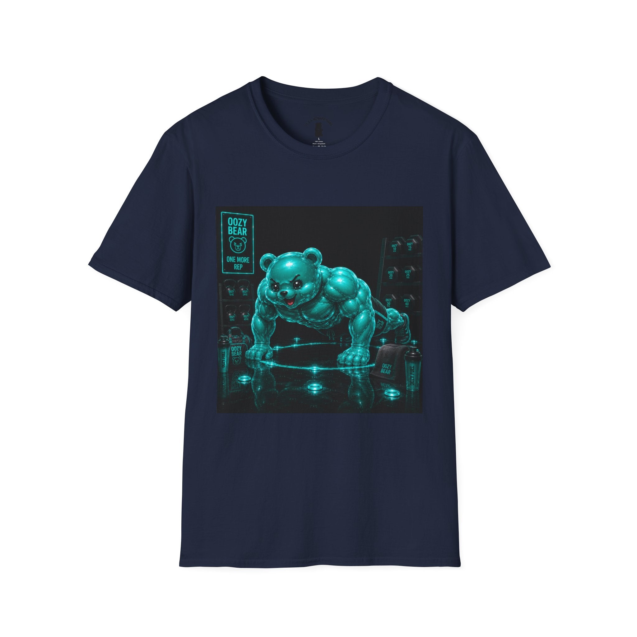 Neon Fitness Push Ups, Teal Oozy Buff Bear Gummy Gym Addition- Adult Graphic Shirt