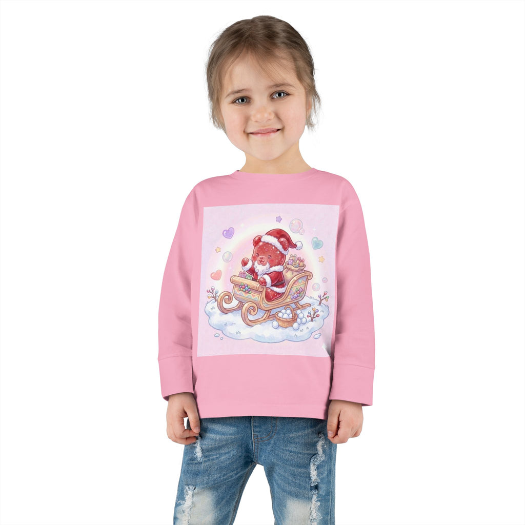 Cute Santa Oozy Bear in Sleigh Christmas- Graphic Long Sleeve Shirt