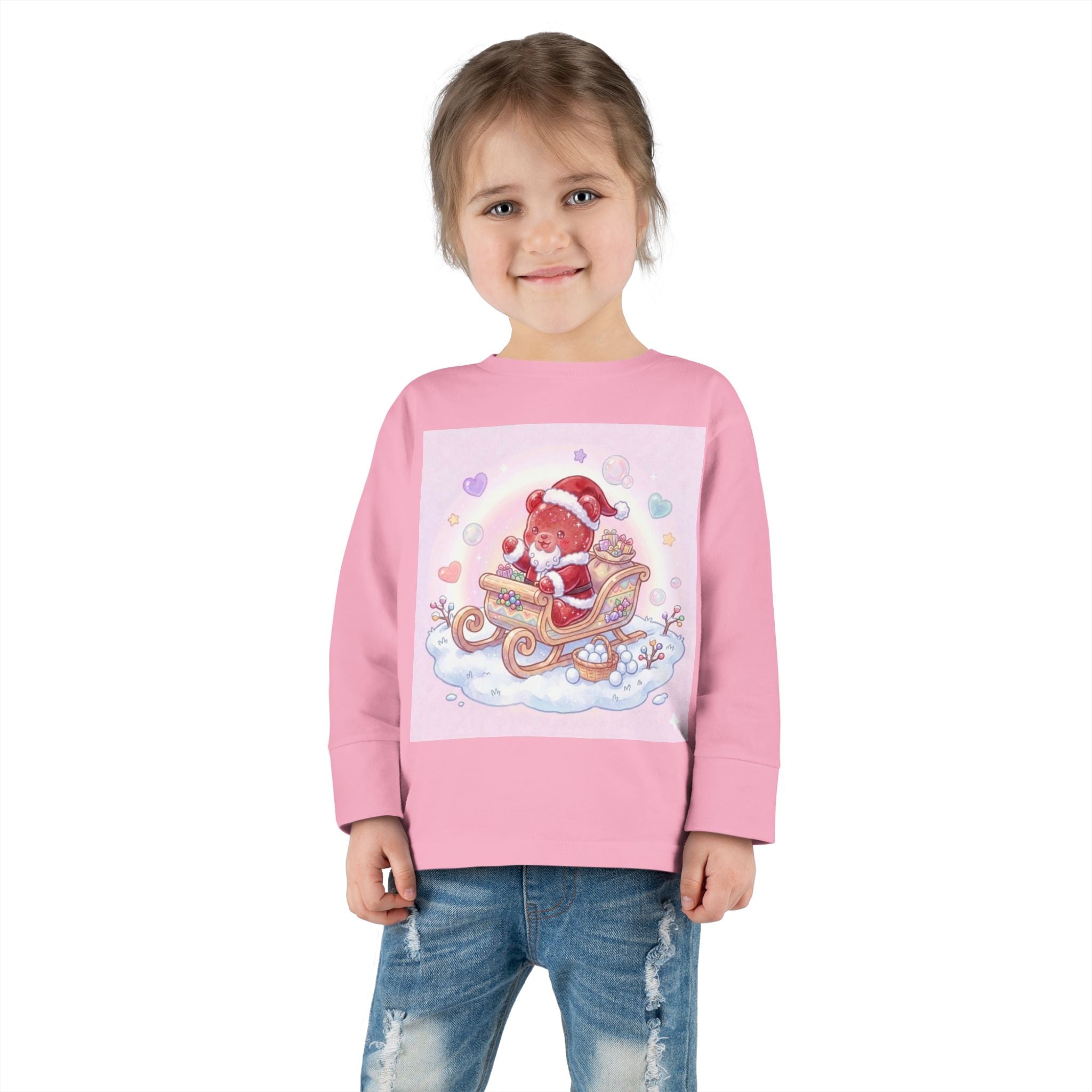 Cute Santa Oozy Bear in Sleigh Christmas- Graphic Long Sleeve Shirt