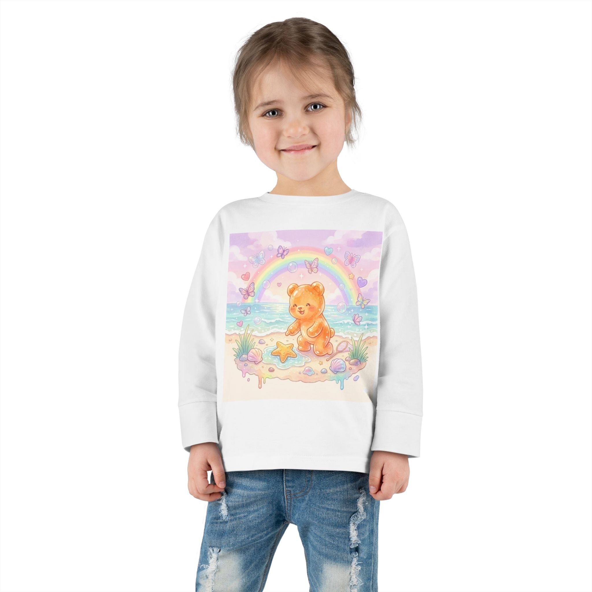 Cute Beach Day, Found Starfish Orange Oozy Bear Friend- Graphic Long Sleeve Shirt