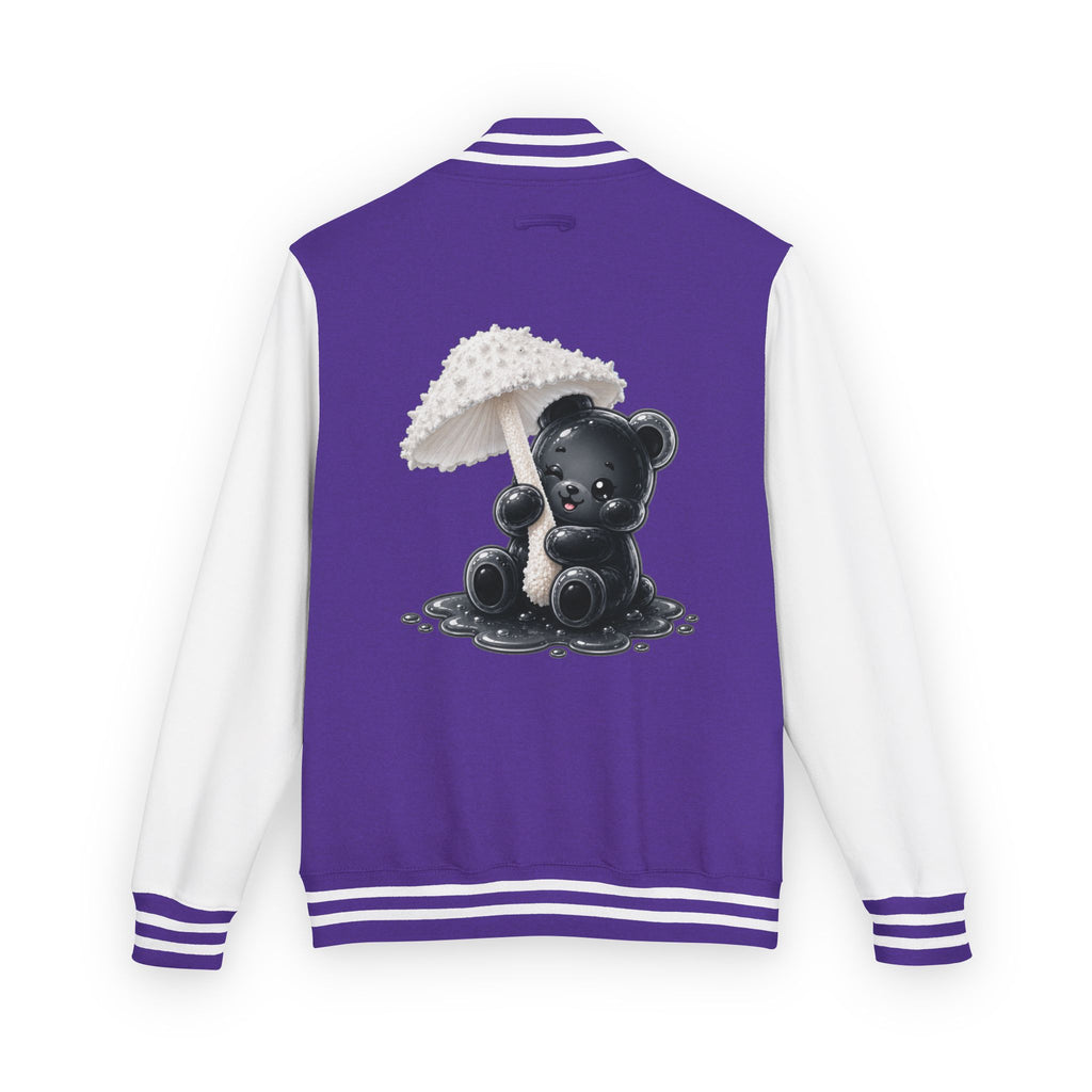White Mushroom Umbrella, Black Gooey Gummy Bear — Kawaii Graphic Varsity Jacket