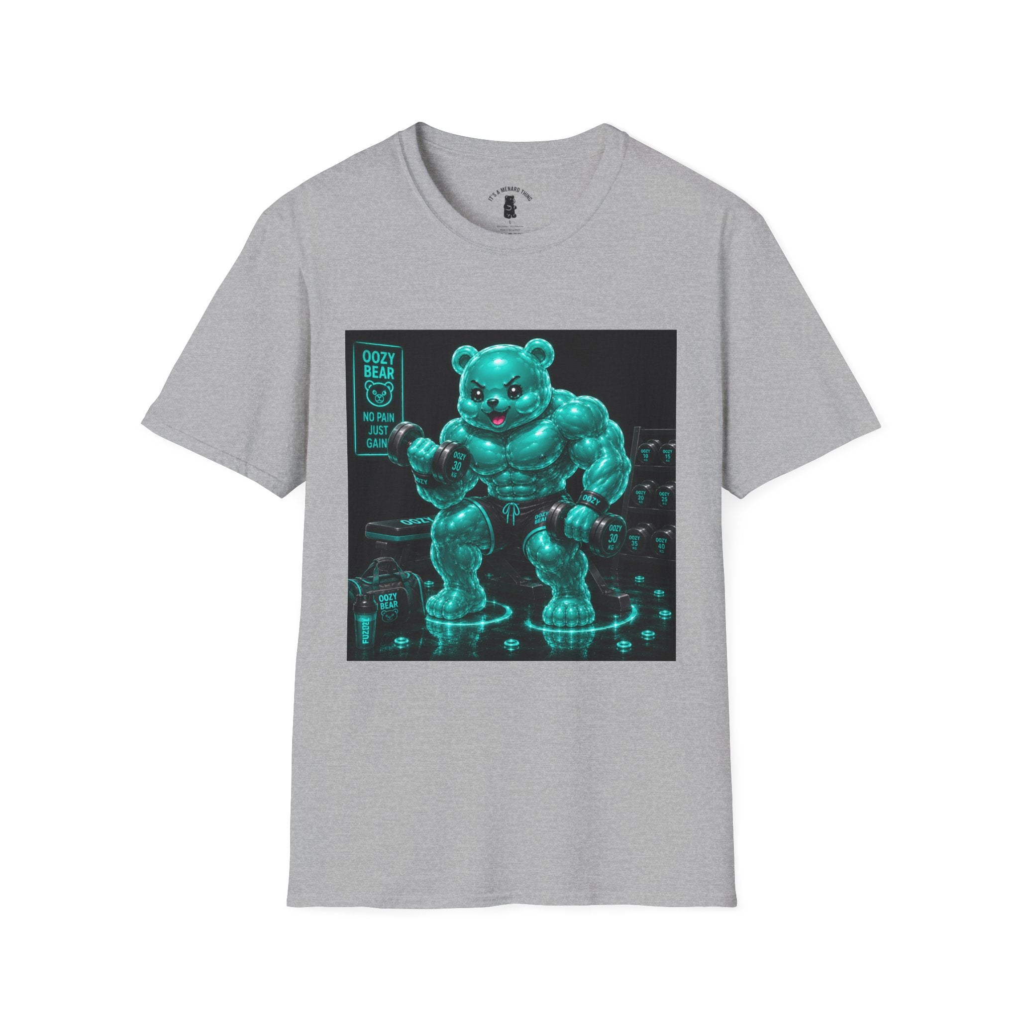 Working Out, Teal Oozy Buff Bear Gummy Gym Addition- Adult Graphic Shirt