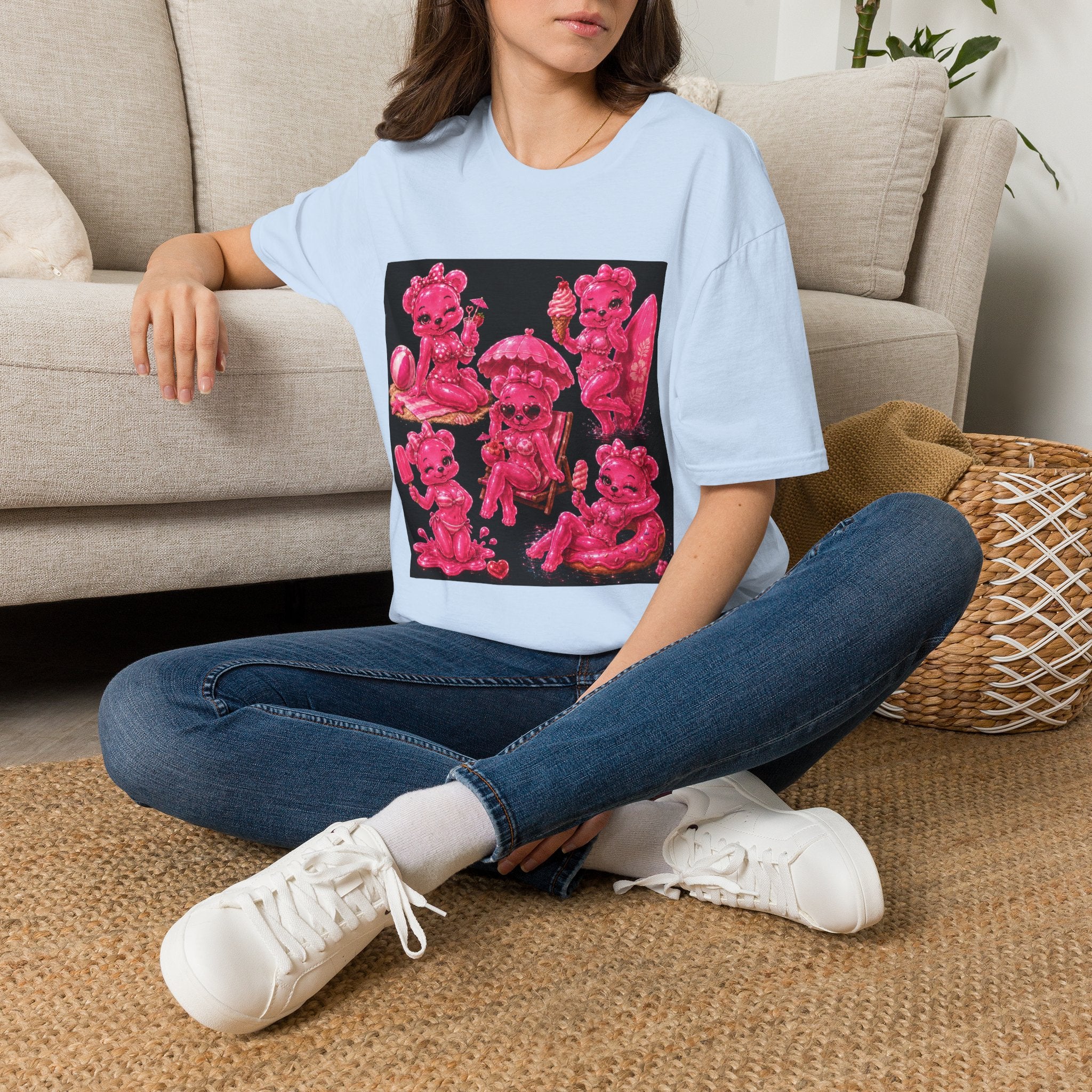 Retro Pink Pin Up Beach Oozy Bear Babe Gummy- Adult Graphic Shirt (+18)