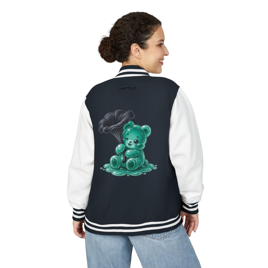 Black Trumpet Mushroom, Teal Oozy Bear Gummy Friend- Letterman Graphic Jacket