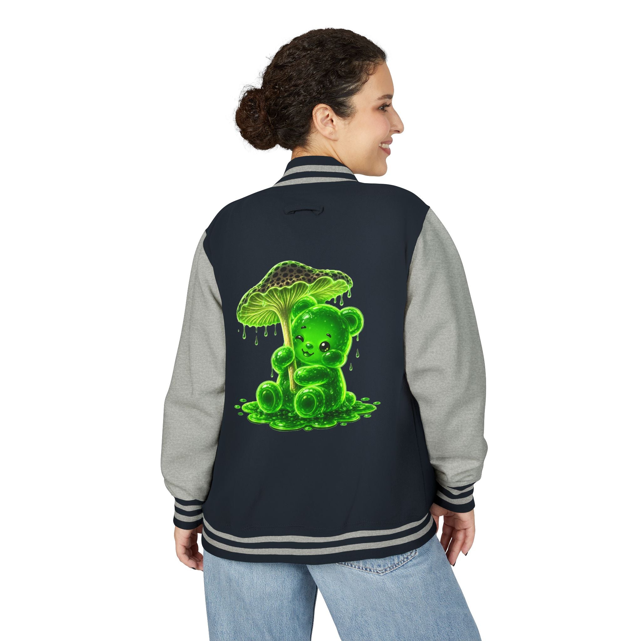 Glowing Green Mushroom, Gooey Gummy Bear Friend — Kawaii Graphic Varsity Jacket