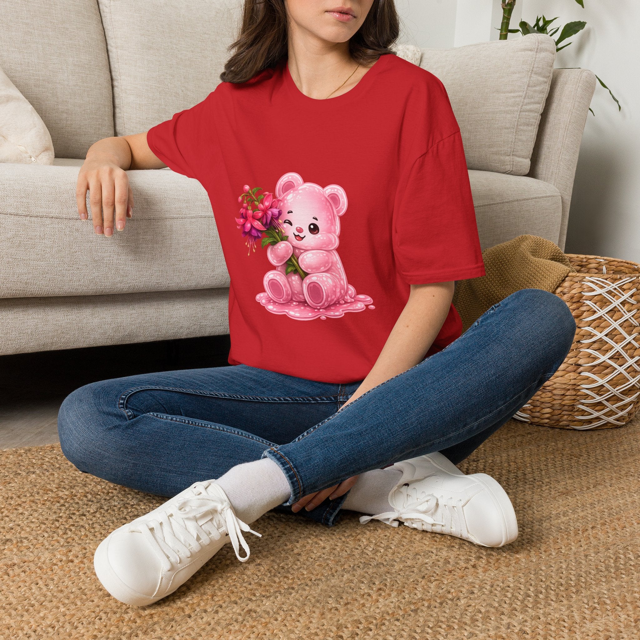 Tropical Pink Flowers, Pretty Pale Oozy Bear Friend- Graphic Shirt