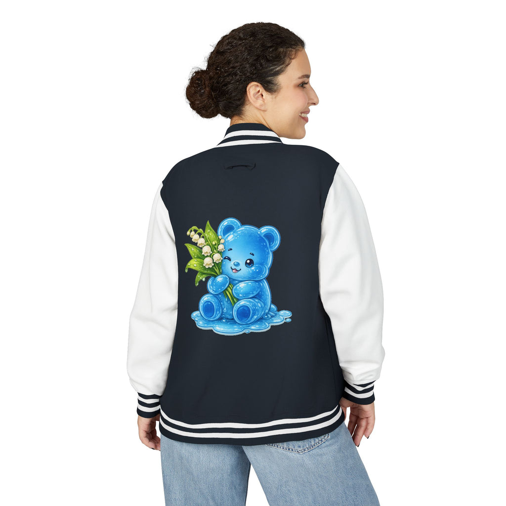 Lilies Of The Valley, Blue Gooey Gummy Bear- Kawaii Graphic Varsity Jacket