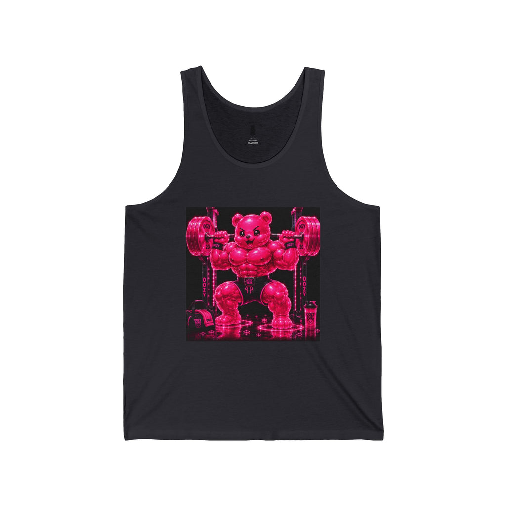 Working Out with Heavy Barbell, Pink Oozy Buff Bear Gummy Gym Addition- Adult Graphic Tank Top