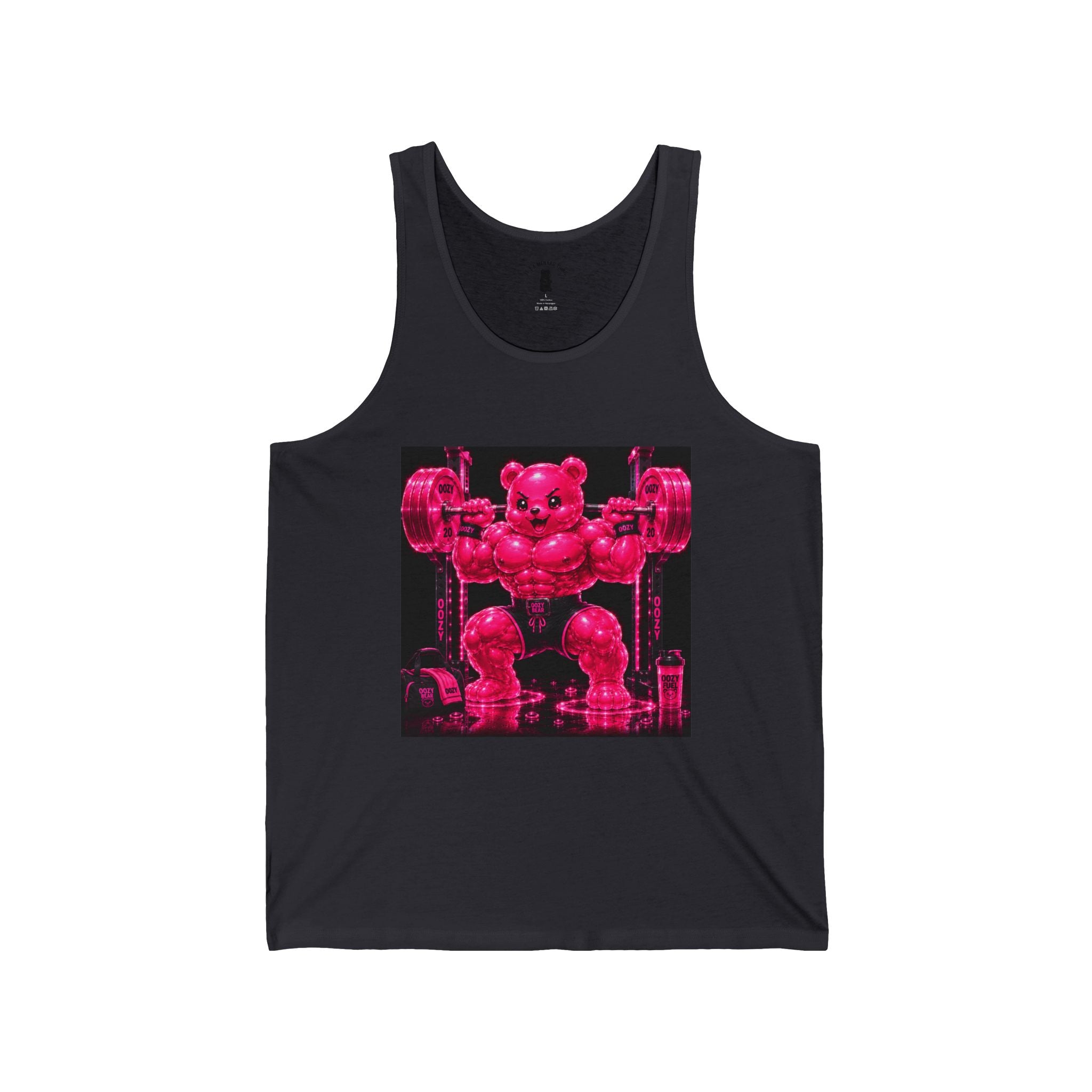 Working Out with Heavy Barbell, Pink Oozy Buff Bear Gummy Gym Addition- Adult Graphic Tank Top