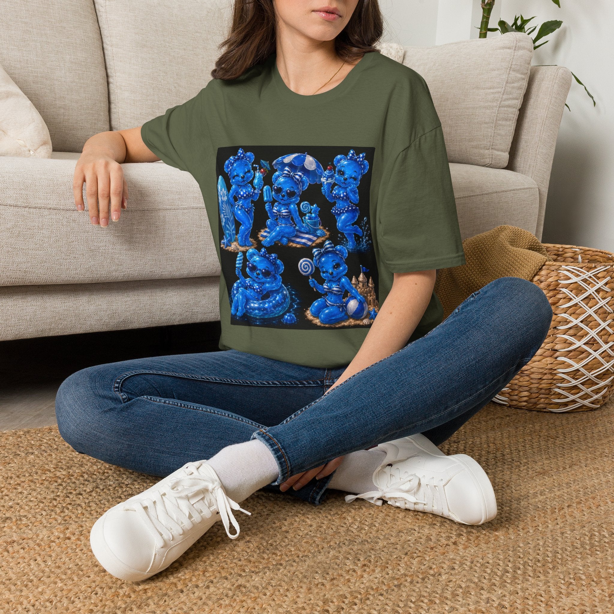 Retro Kawaii Blue Oozy Bear Pin Up Beach Babe- Adult Graphic Shirt (18+)