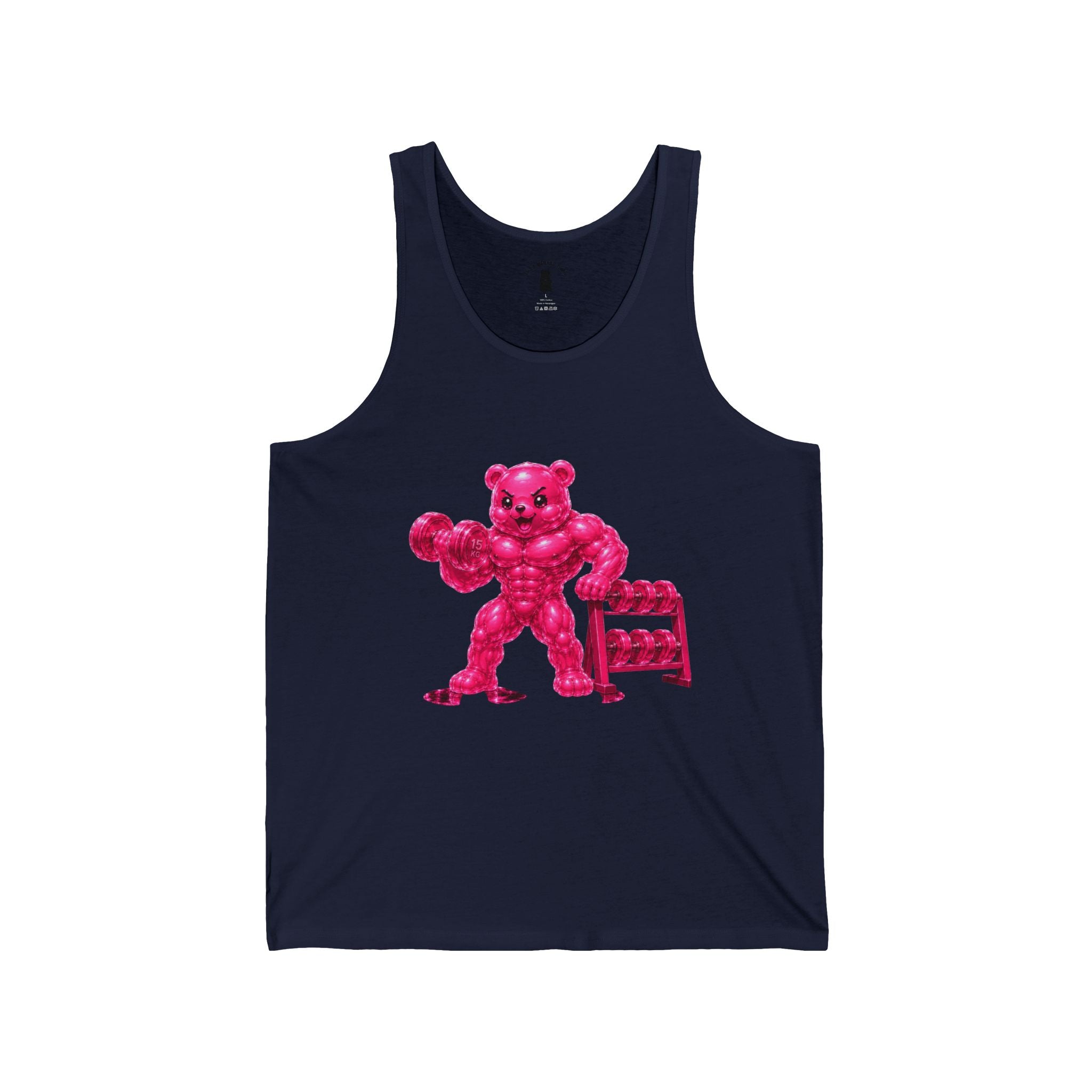 Fitness Work Out, Neon Pink Oozy Buff Bear Gummy Gym Addition- Adult Graphic Tank Top