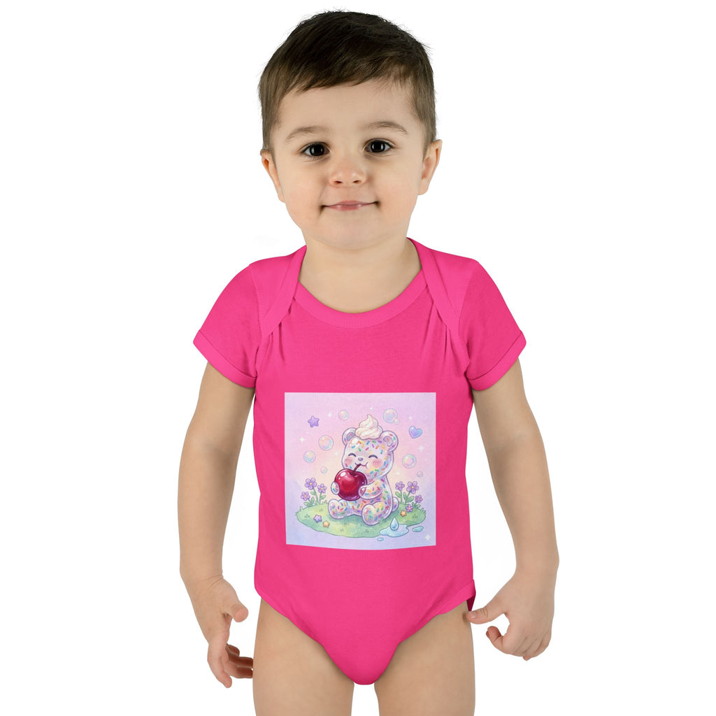 Gooey Gummy Birthday Sprinkles Cake bear eating a Cherry- Infant Onesie