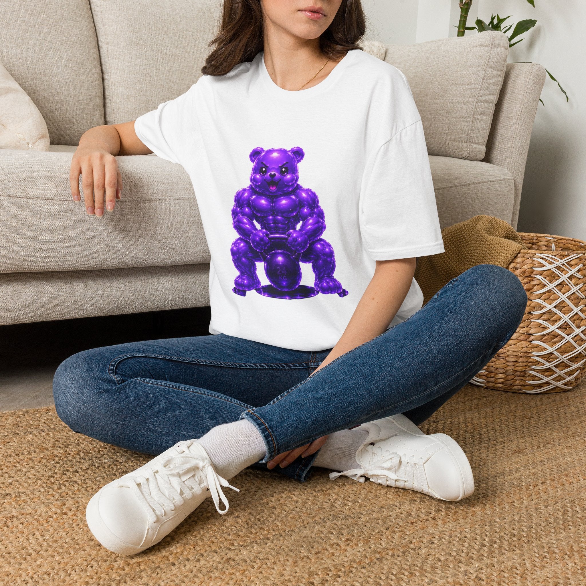 Brawny Violet Oozy Buff Bear with Kettleball Weight- Adult Graphic Shirt (18+)