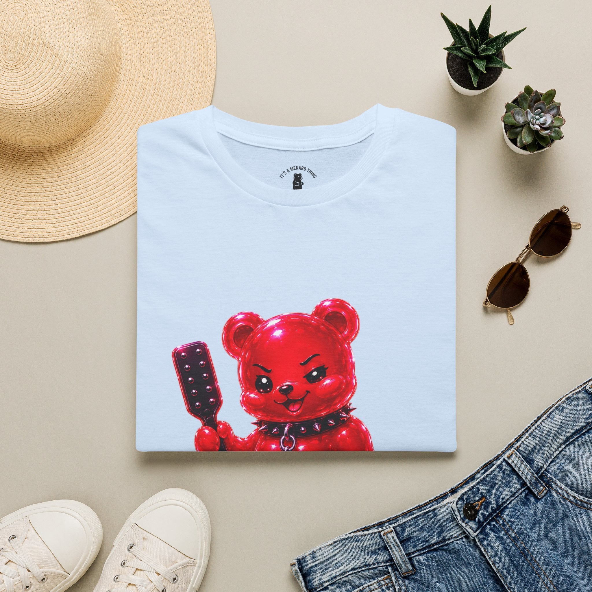 Crimson Red Oozy Bear Gummy Freak with Spank Paddle- Graphic Shirt (Adult Only!)