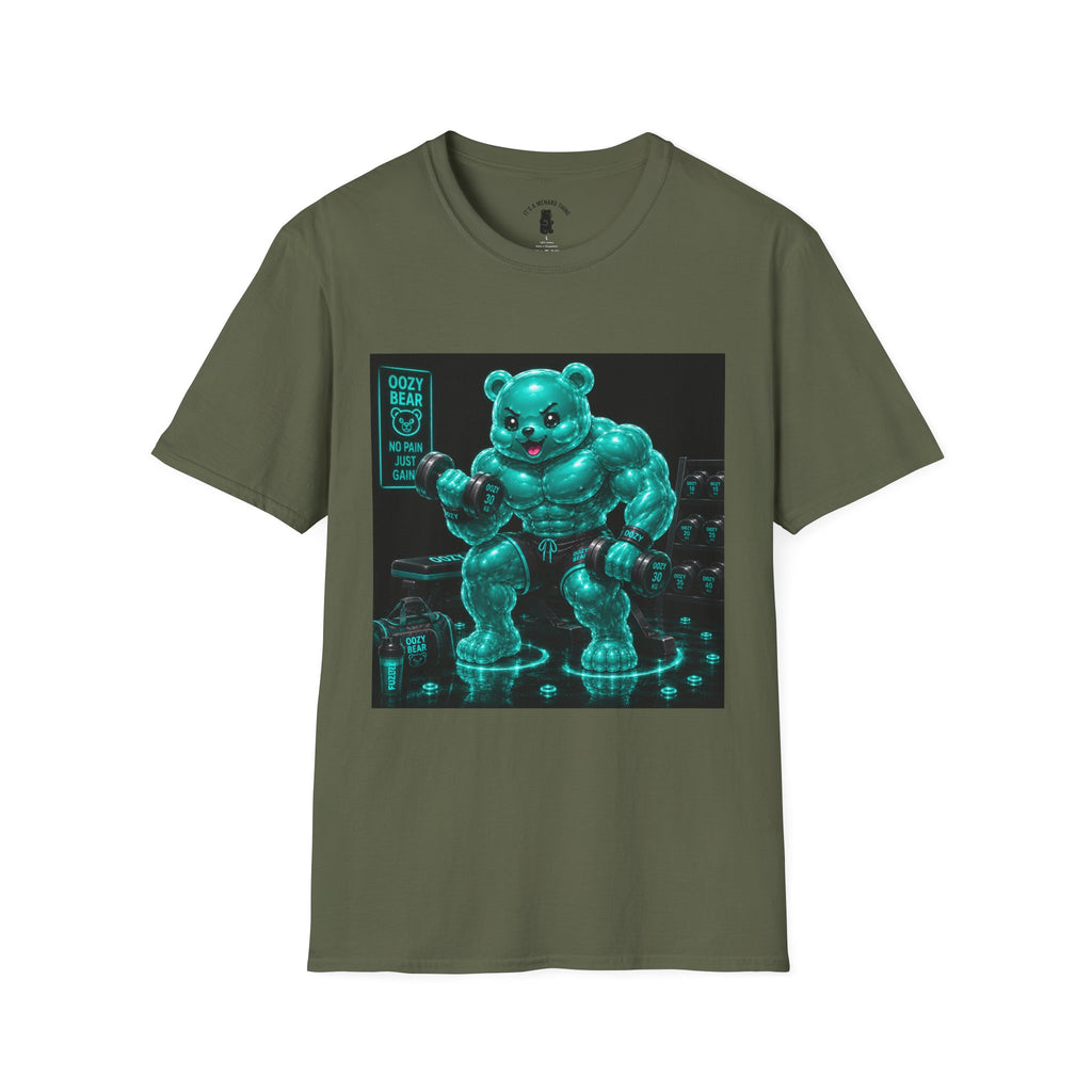 Working Out, Teal Oozy Buff Bear Gummy Gym Addition- Adult Graphic Shirt