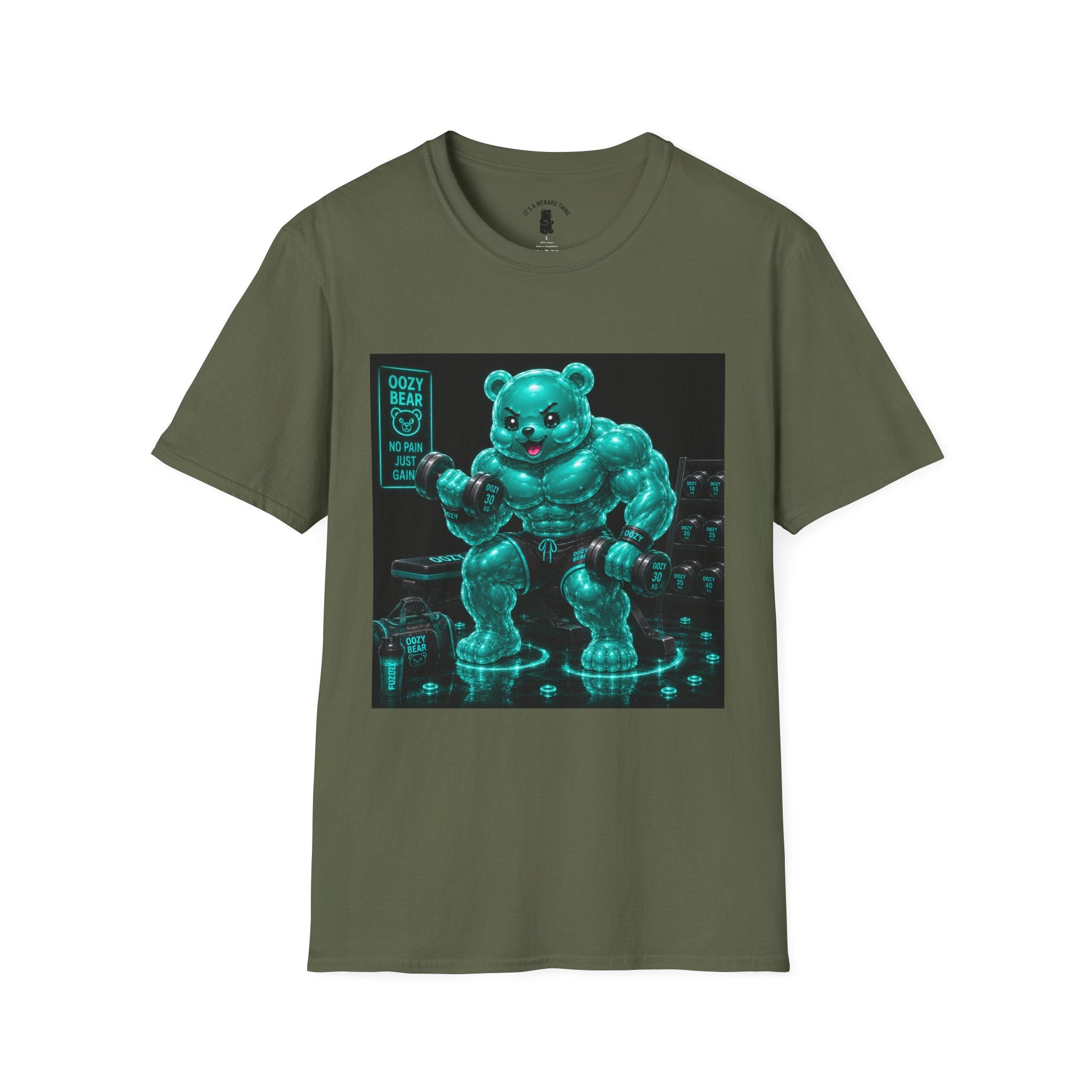 Working Out, Teal Oozy Buff Bear Gummy Gym Addition- Adult Graphic Shirt