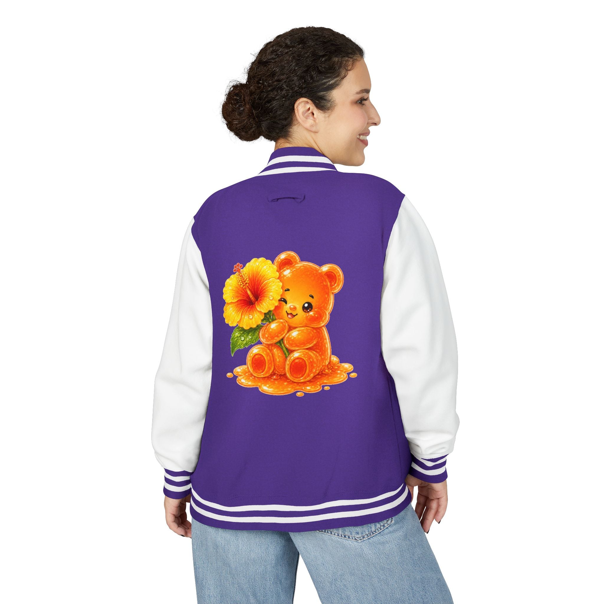 Golden Hibiscus, Yellow Gooey Gummy Bear Friend- Kawaii Varsity Jacket