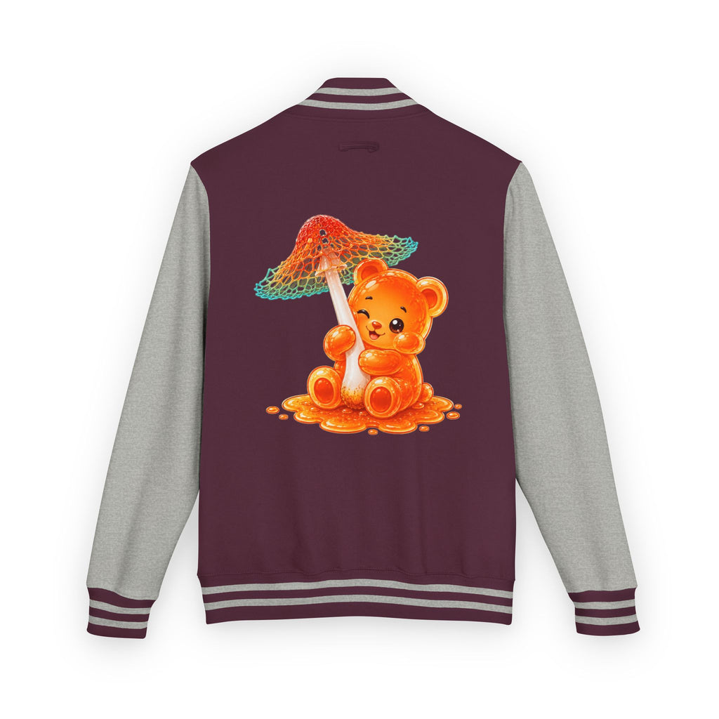 Pretty Orange and Teal Mushroom, Gooey Gummy Bear Friend — Kawaii Graphic Varsity Jacket