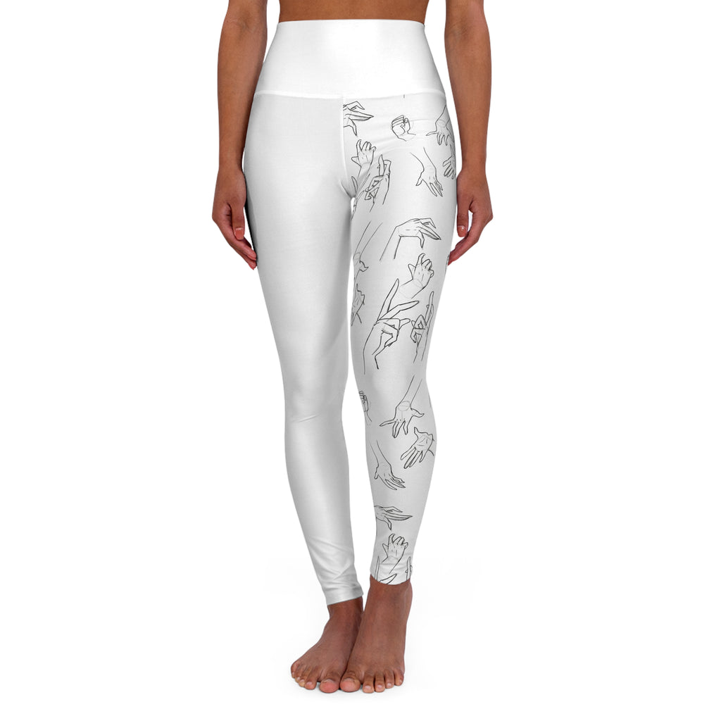 High-Waisted Yoga Leggings — Minimalist Hand-Drawn Hands Print