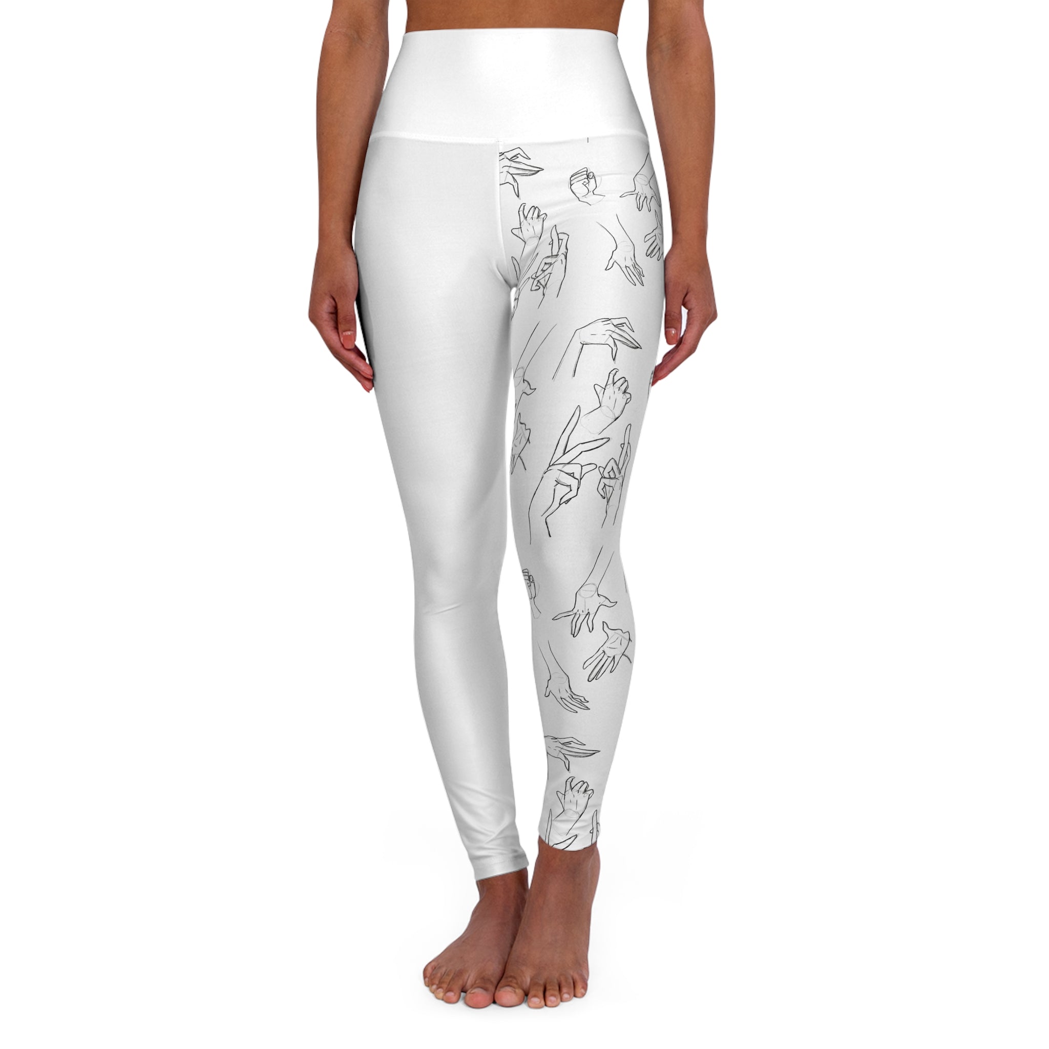 High-Waisted Yoga Leggings — Minimalist Hand-Drawn Hands Print