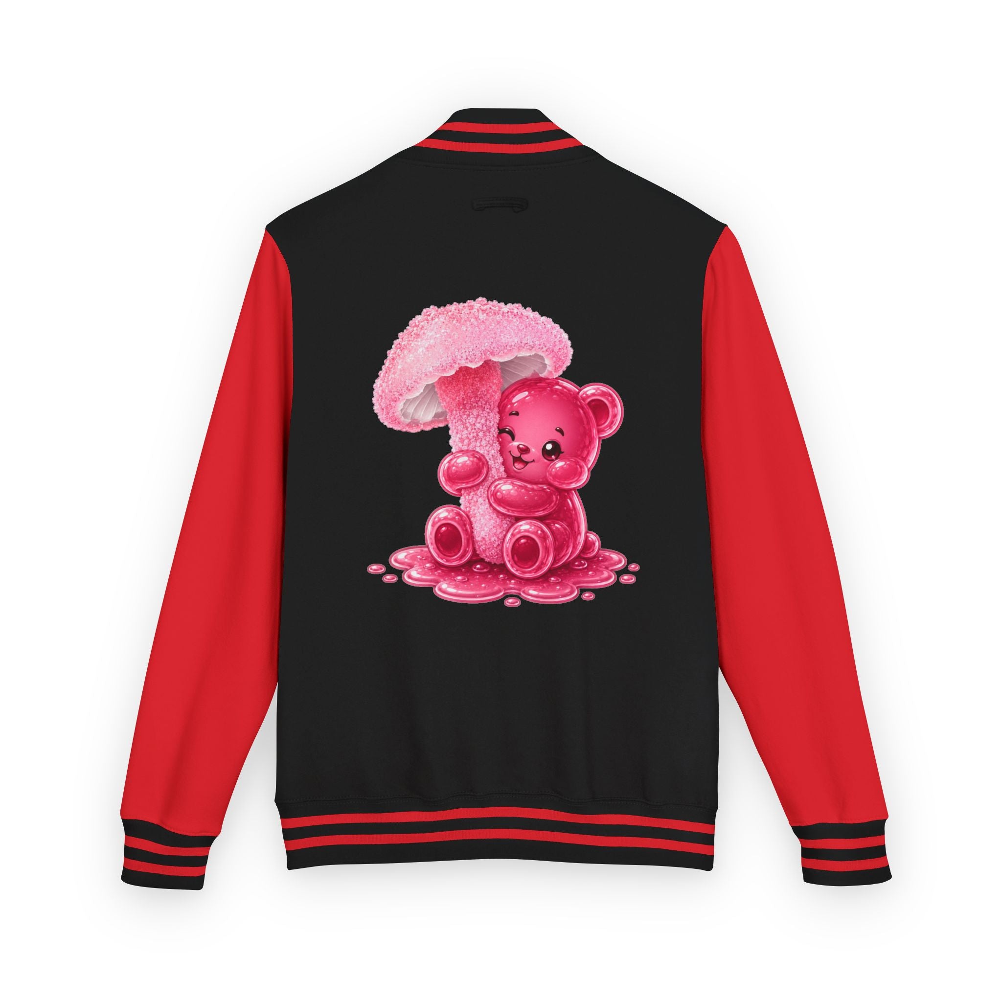 Pretty Pink Mushroom, Gooey Gummy Bear Friend —  Kawaii Graphic Varsity Jacket