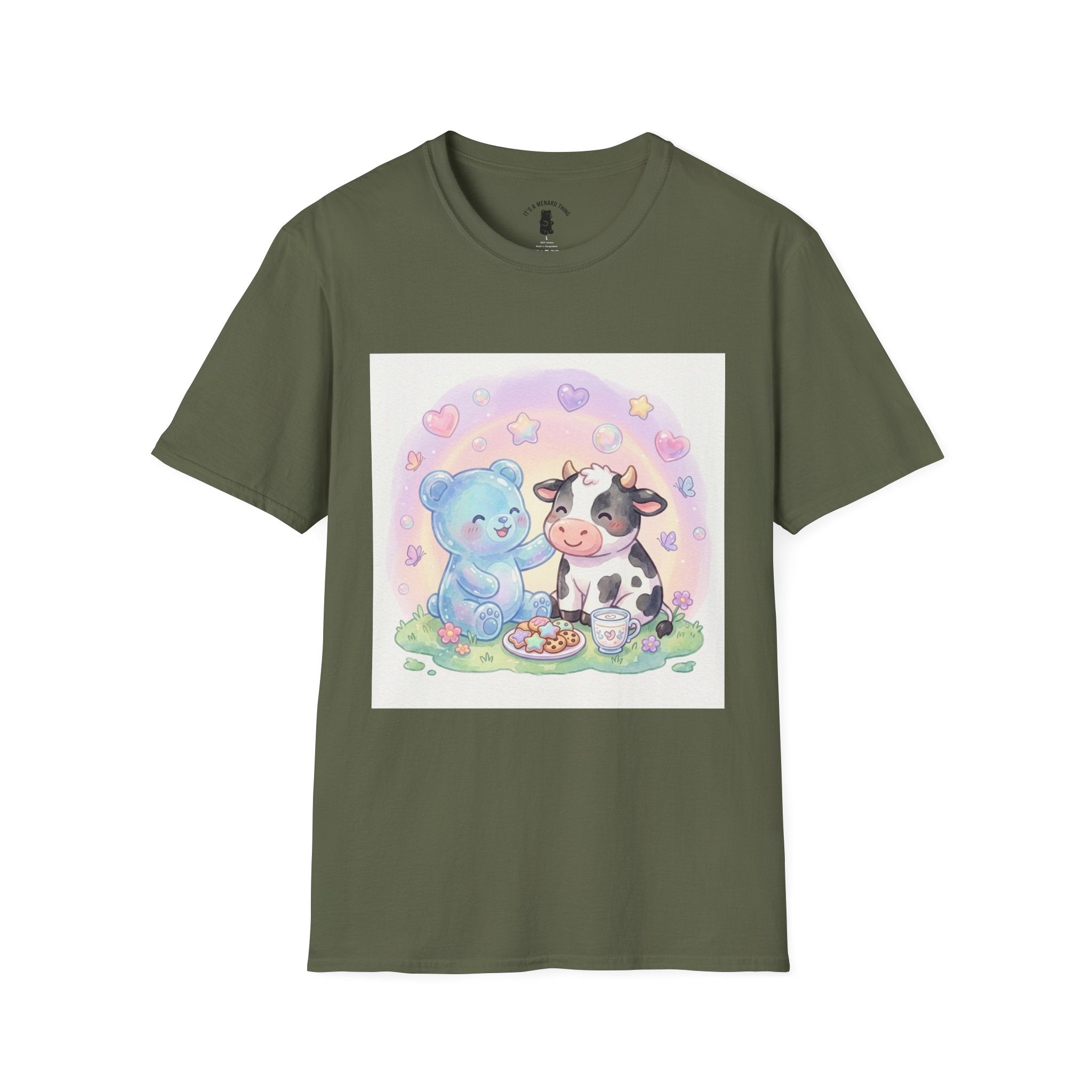 Blue Gooey Gummy Friend sharing Milk & Cookies — Pastel Graphic T-Shirt