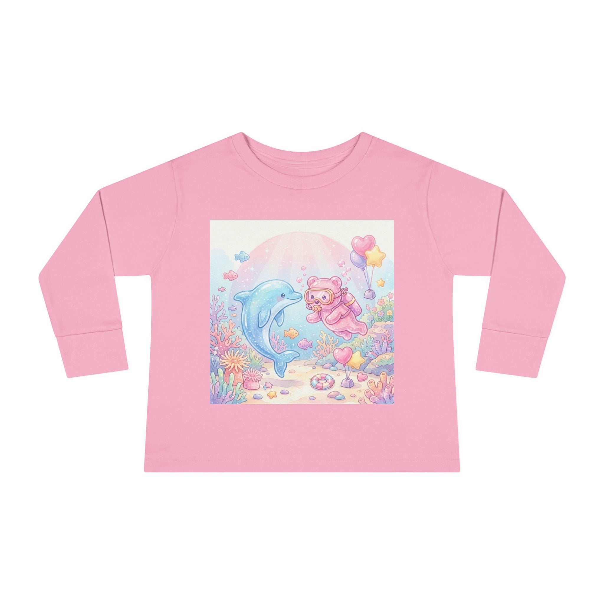 Cute Dolphin & Scuba Oozy Bear Pastel Underwater Friends- Graphic Long Sleeve Shirt