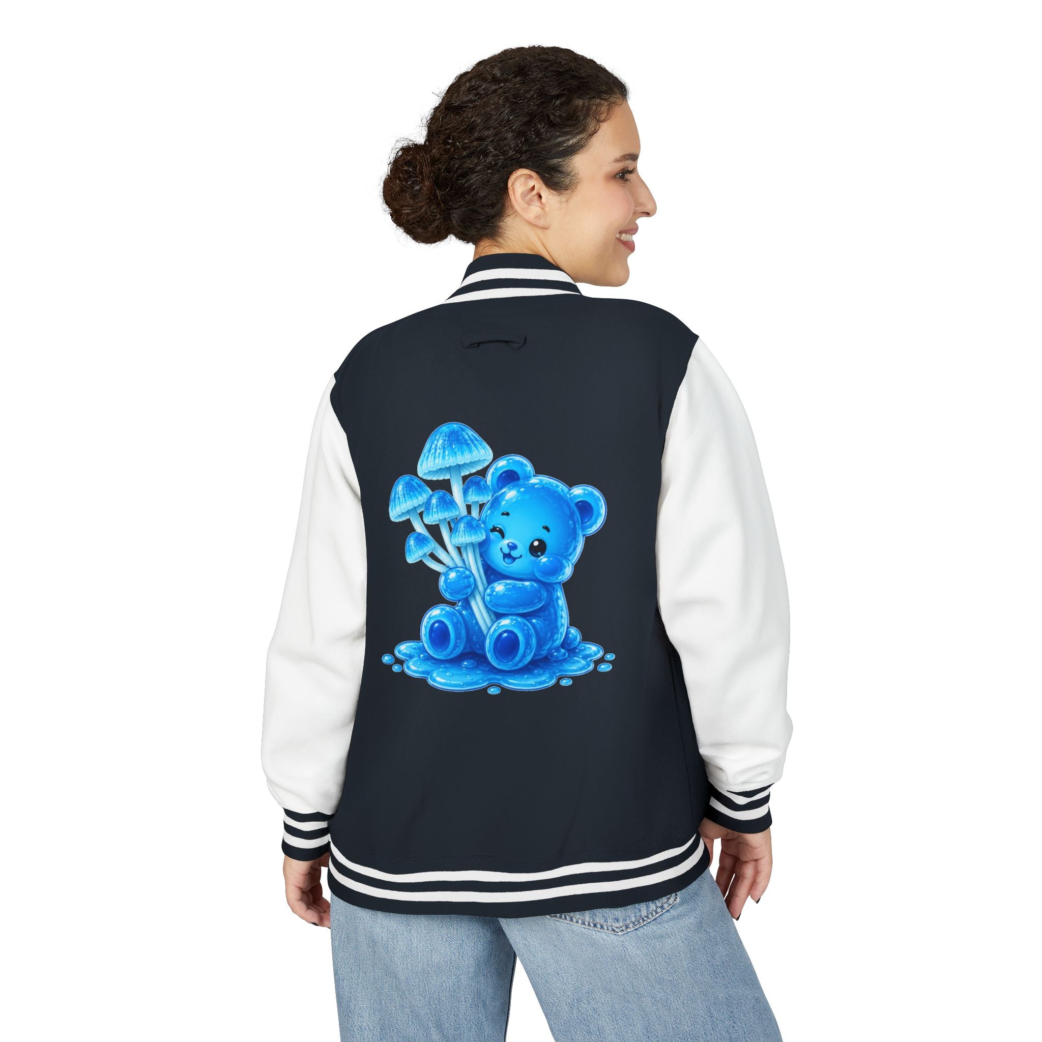 Pretty Blue Mushrooms, Gooey Gummy Bear Friend — Kawaii Graphic Varsity Jacket