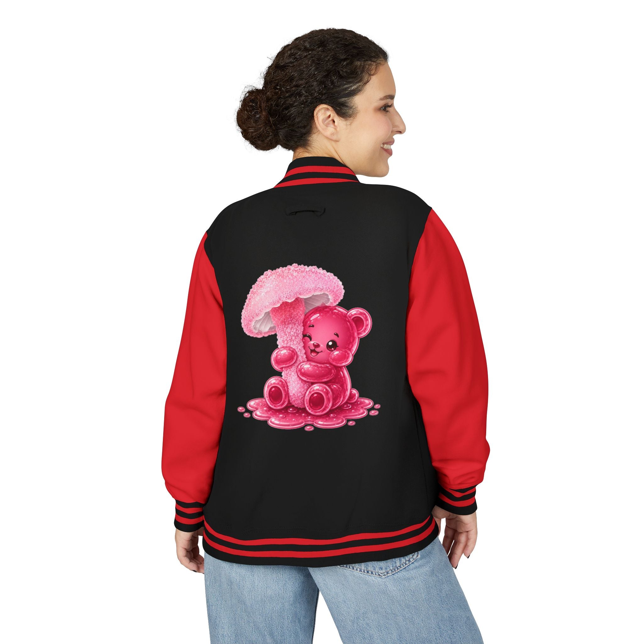 Pretty Pink Mushroom, Gooey Gummy Bear Friend —  Kawaii Graphic Varsity Jacket