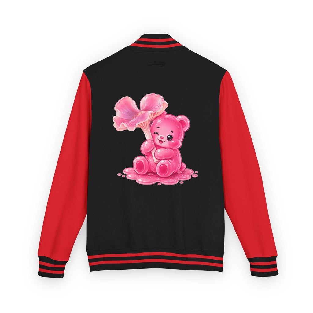 Pink Wax Cap Mushroom, Gooey Gummy Bear Friend — Kawaii Graphic Varsity Jacket