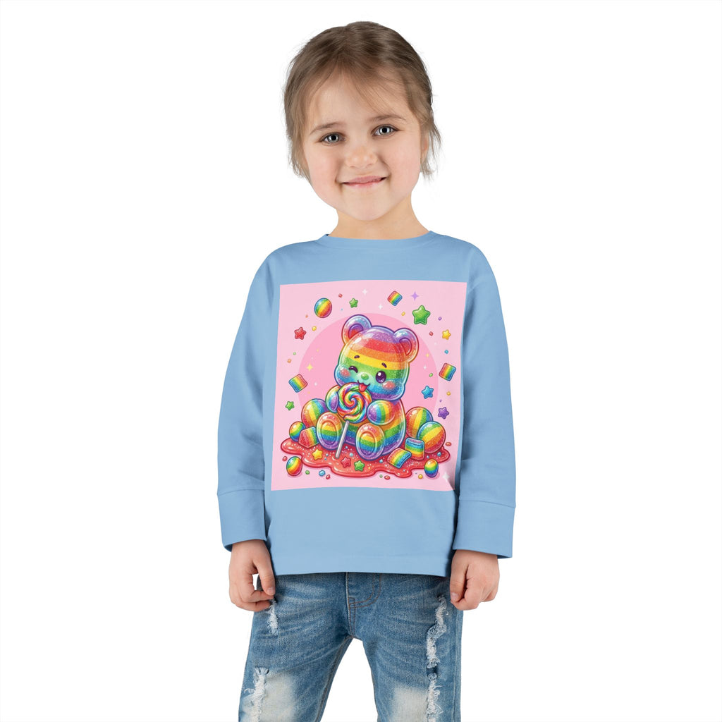 Rainbow Stripe Oozy Bear Gummy Special- Kids Graphic Long Sleeve Shirt