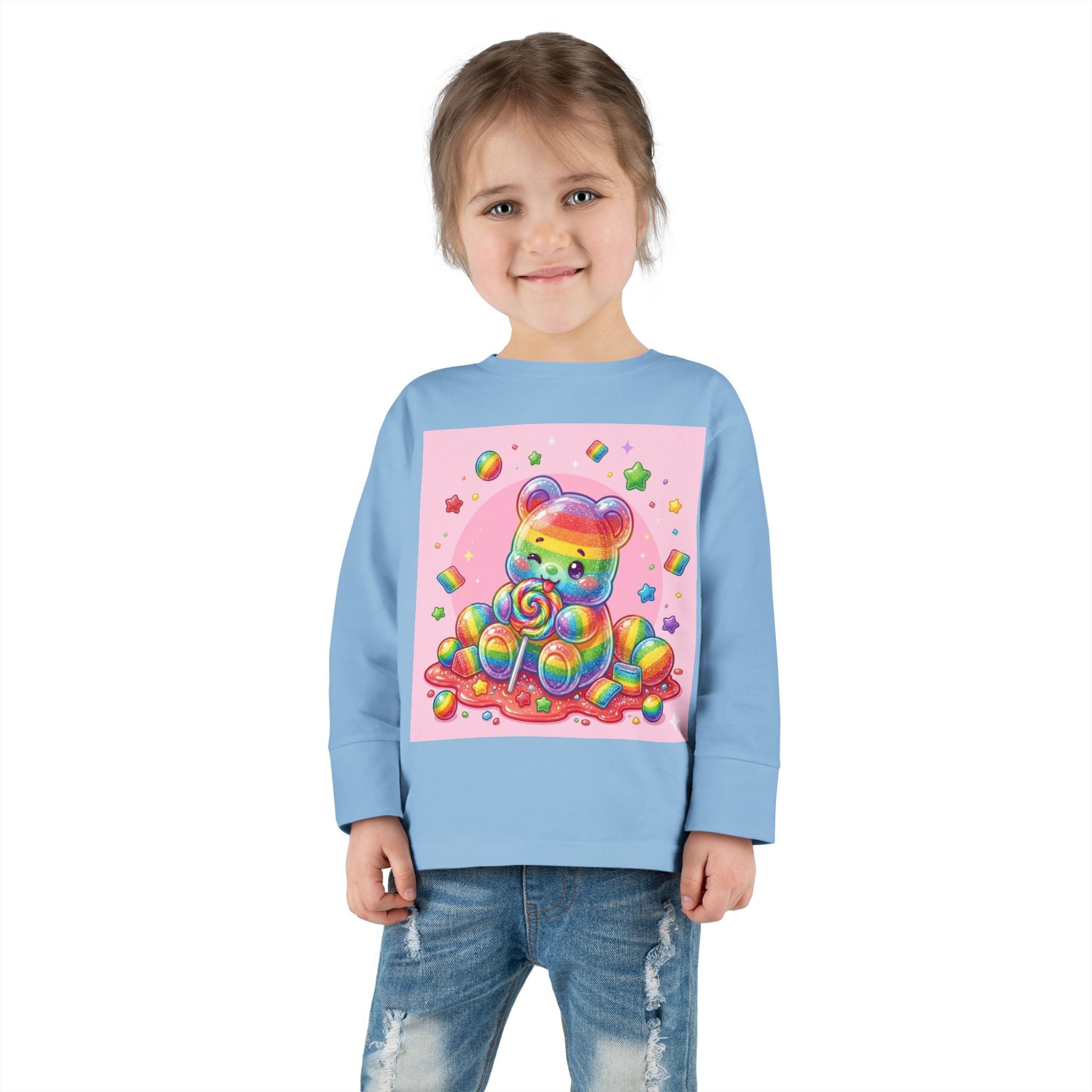 Rainbow Stripe Oozy Bear Gummy Special- Kids Graphic Long Sleeve Shirt