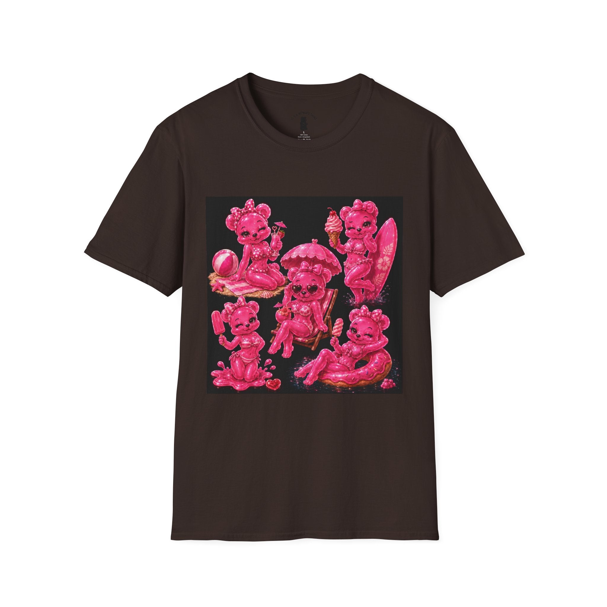 Retro Pink Pin Up Beach Oozy Bear Babe Gummy- Adult Graphic Shirt (+18)