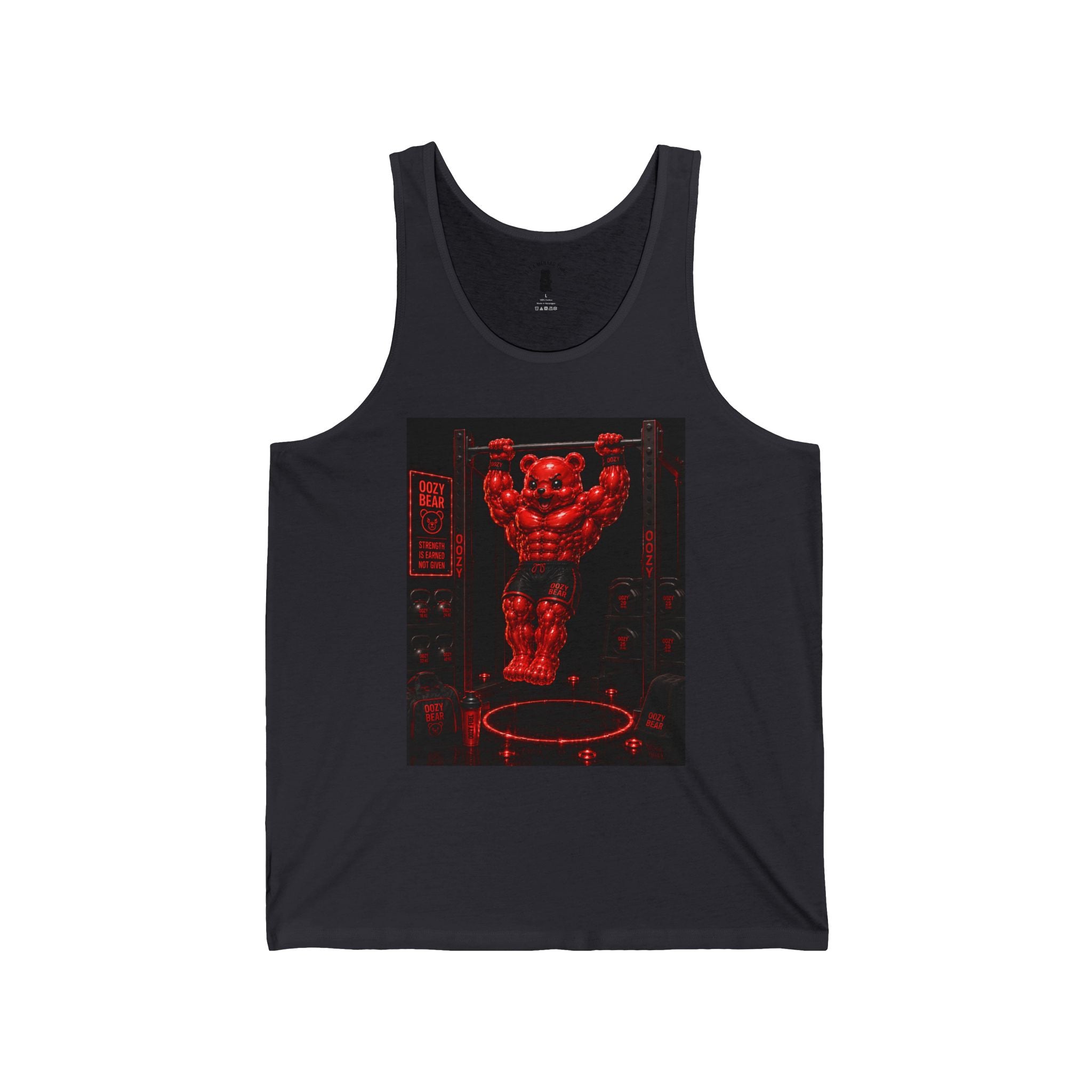 Bar lifting Workout, Crimson Oozy Buff Bear Gummy Gym Addition- Adult Graphic Tank Top
