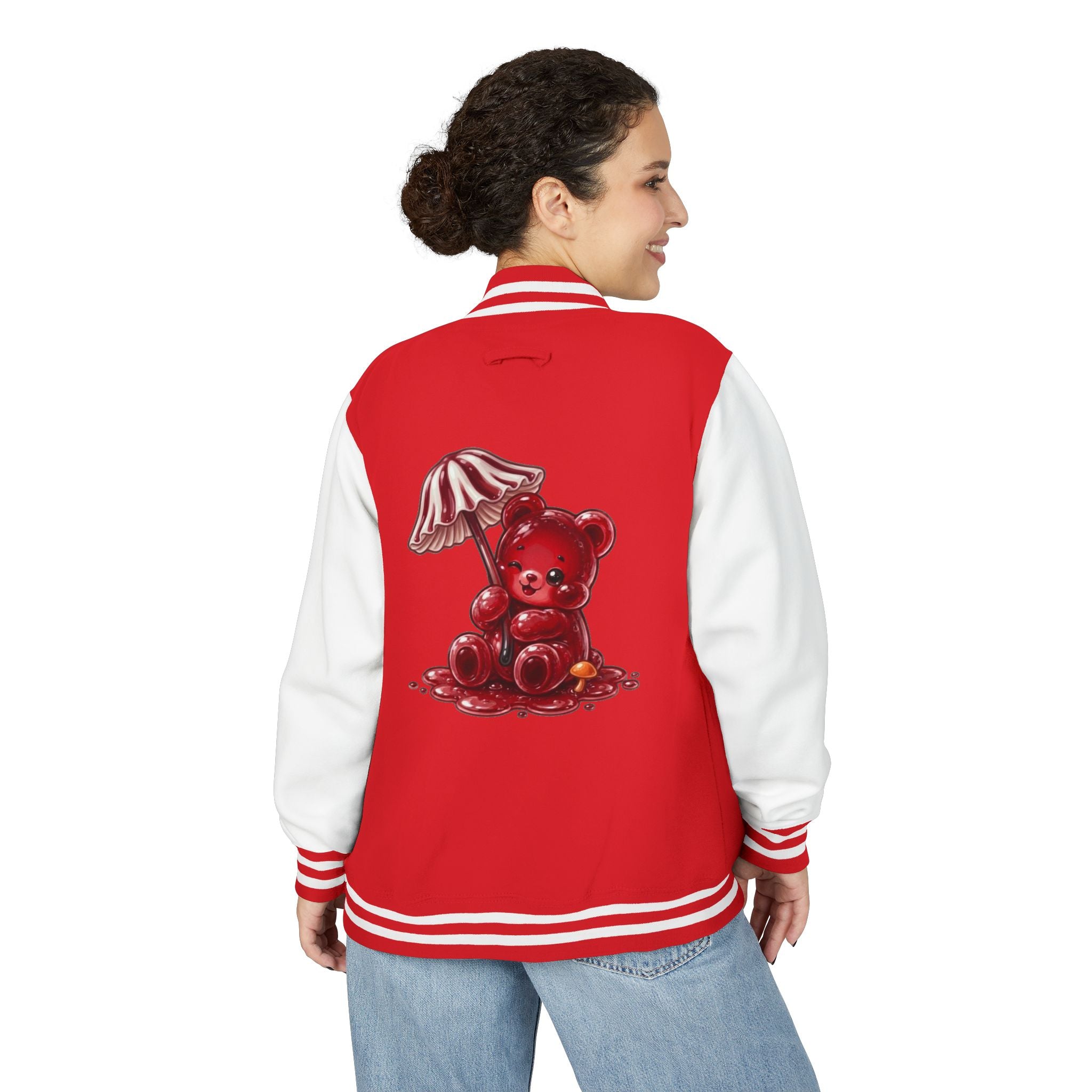 Red Stripped Mushroom Umbrella, Oozy Bear Gummy- Letterman Graphic Jacket
