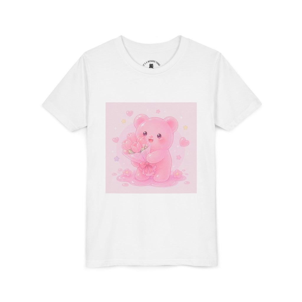 Pink Gooey Gummy Bear Youth Tee – Valentine Gummy Bouquet Kids Shirt