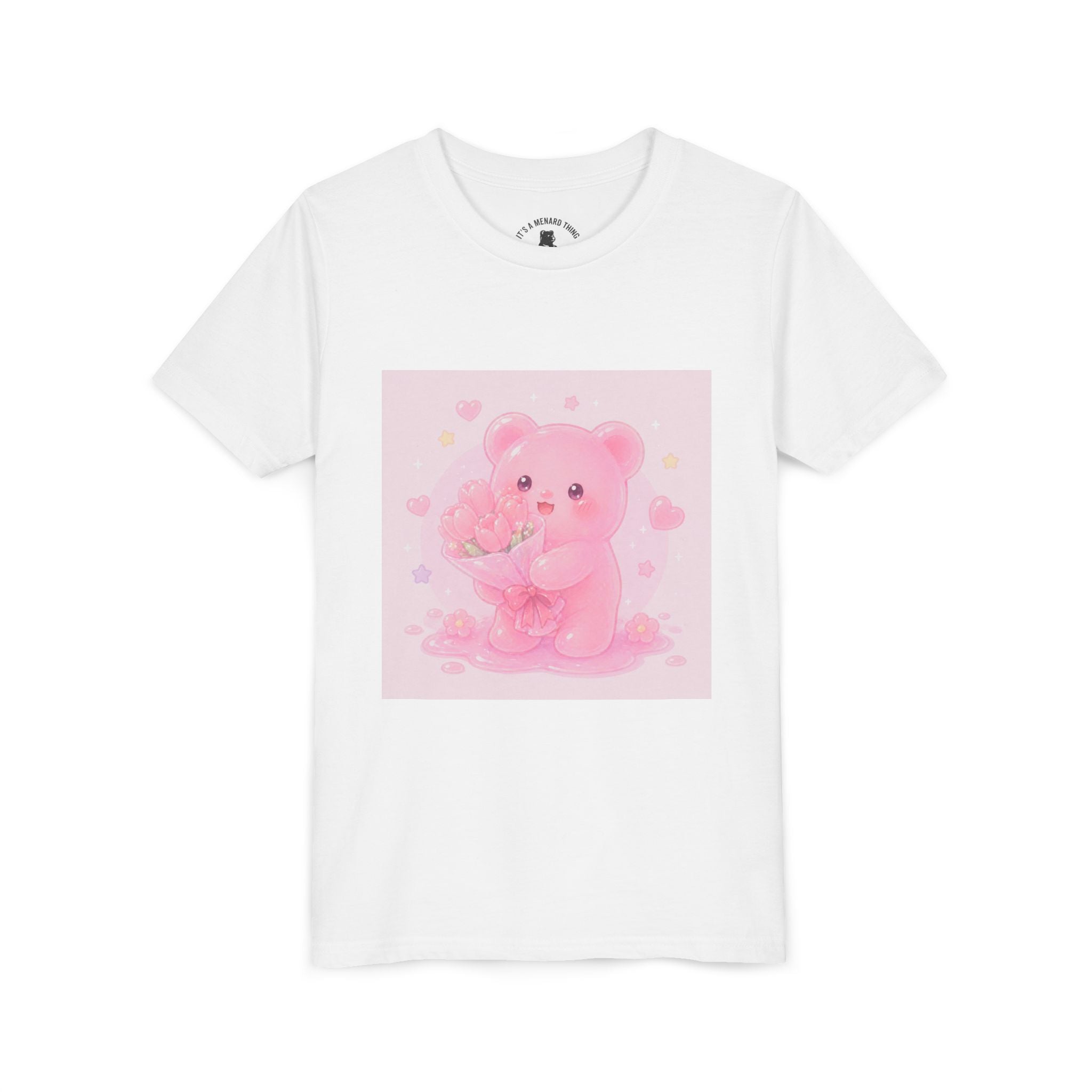 Pink Gooey Gummy Bear Youth Tee – Valentine Gummy Bouquet Kids Shirt