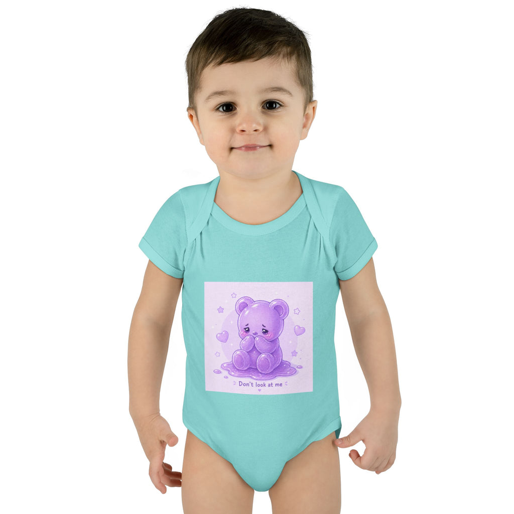 Purple Gooey Gummy Shy bear Baby Bodysuit - "Don't Look at Me" Cute Infant Onesie