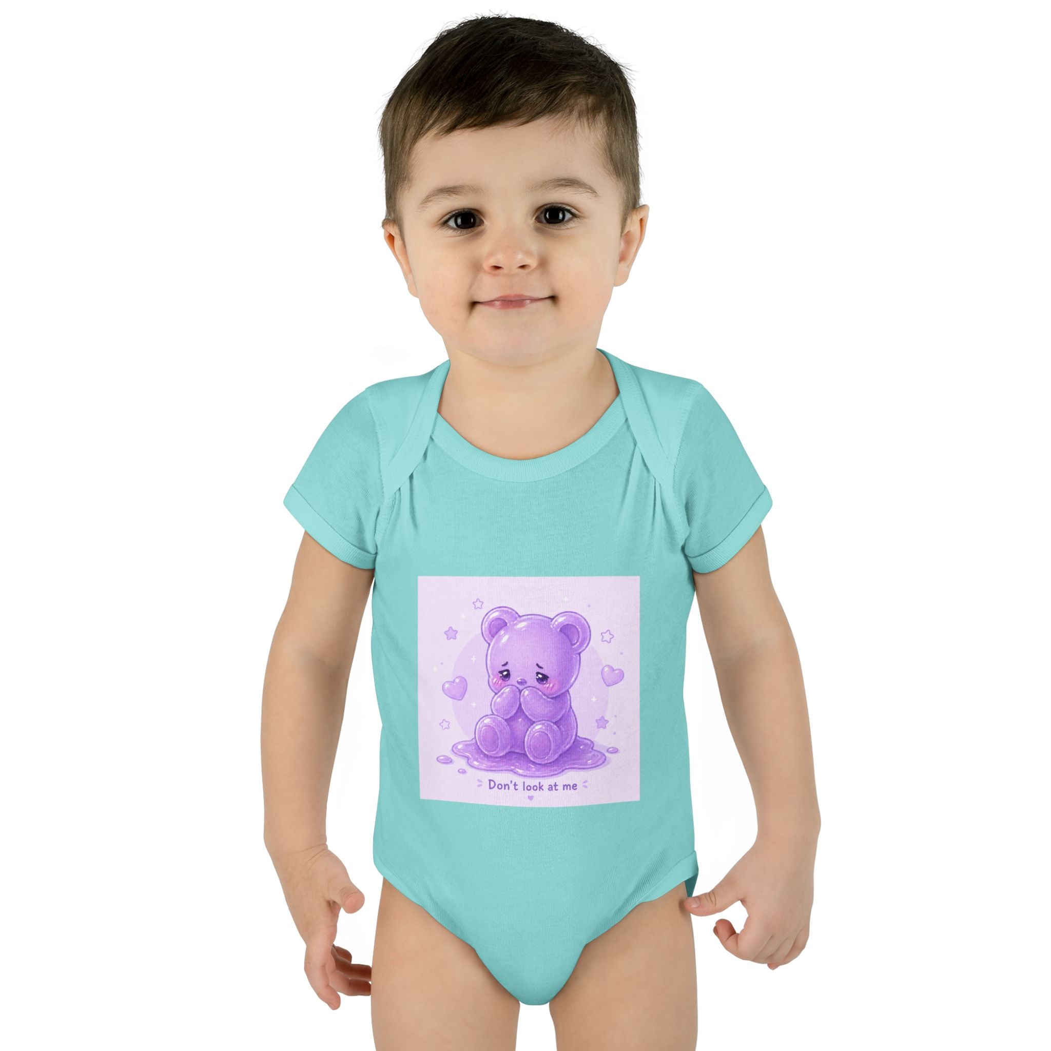 Purple Gooey Gummy Shy bear Baby Bodysuit - "Don't Look at Me" Cute Infant Onesie