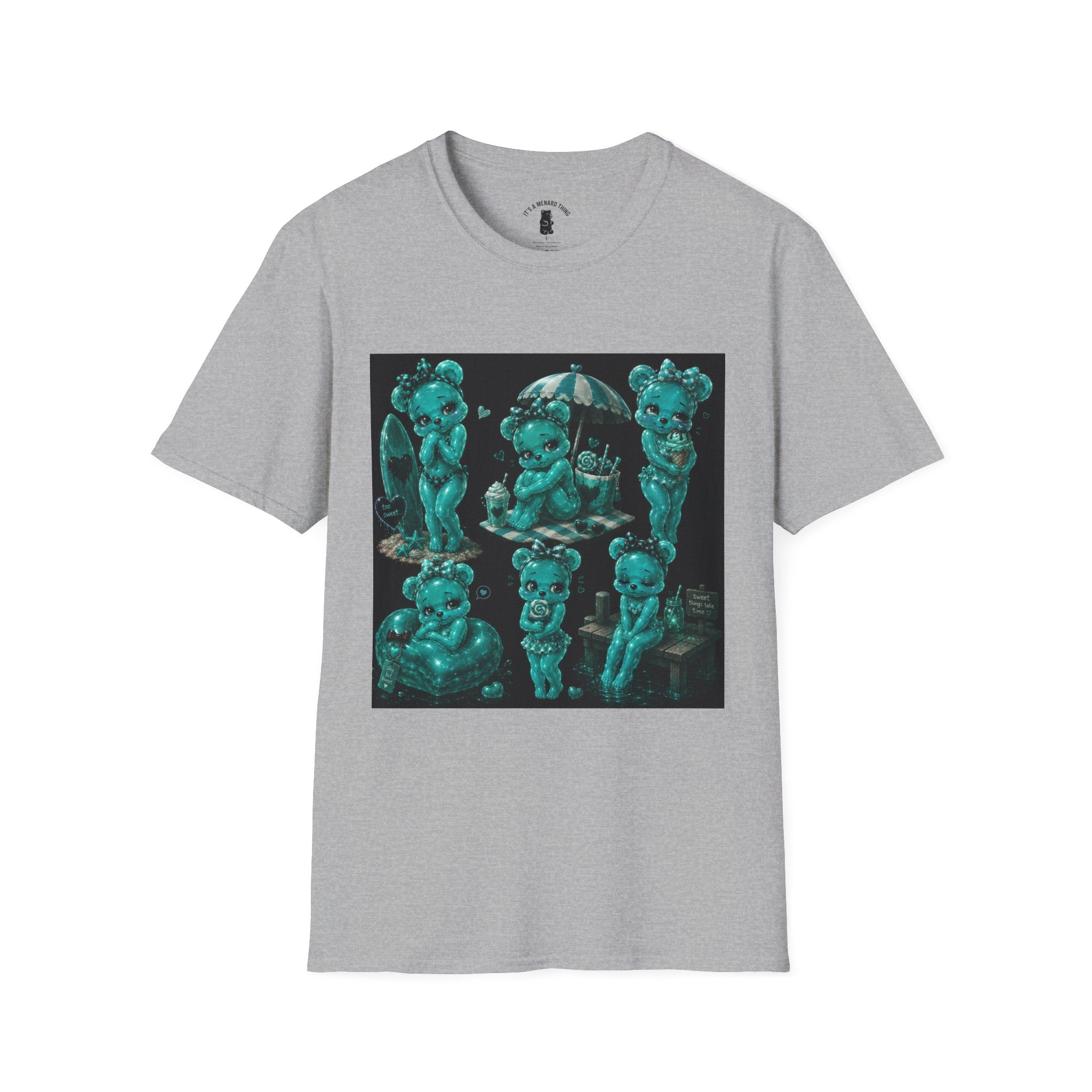 Kawaii Shy Teal Beach Babe Oozy Bear Gummy Pin Up- Adult Graphic Shirt (18+)