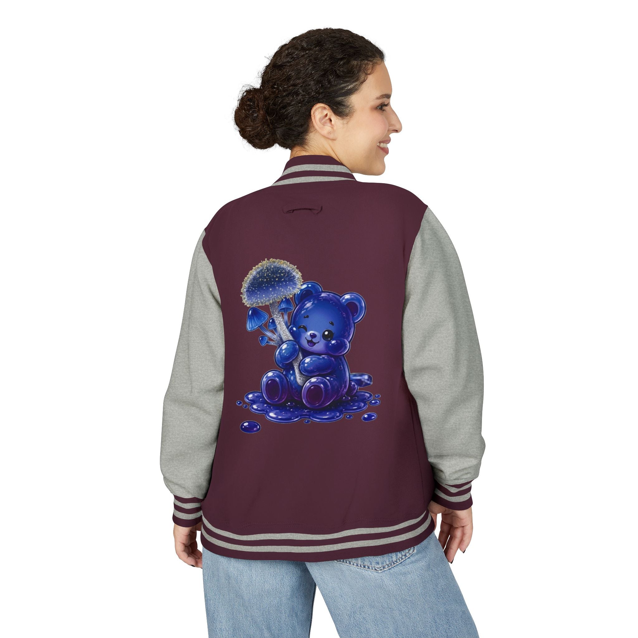 Sparkling Blue Mushroom Cluster, Oozy Bear Friends- Letterman Graphic Jacket