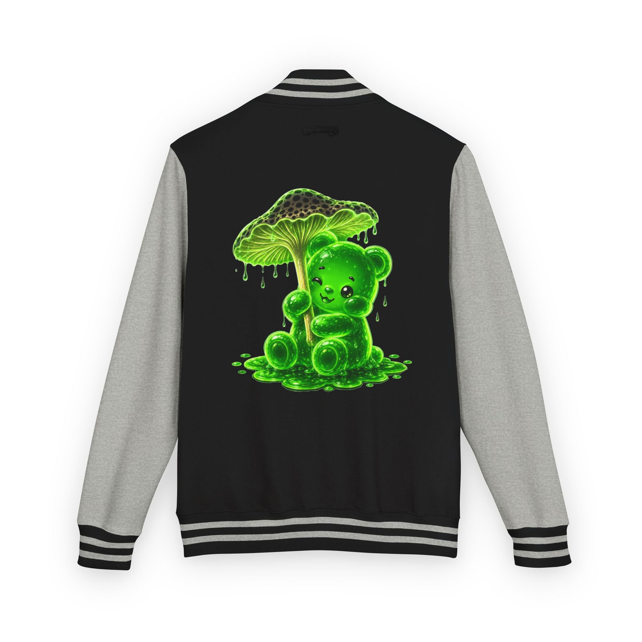 Glowing Green Mushroom, Gooey Gummy Bear Friend — Kawaii Graphic Varsity Jacket